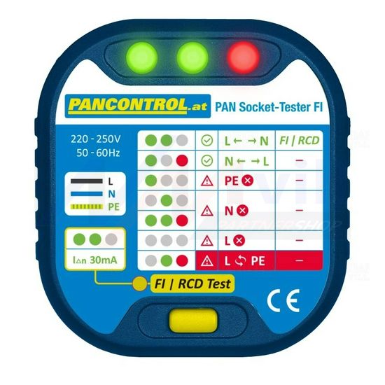Dugalj teszter 2P+F +FI-teszt 2P-ellenőrzés 220-250V LED-kijelzés PAN Socket-Tester FI Pancontrol